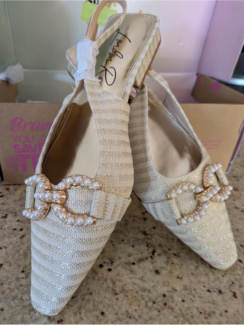 Life Stride Cream Beaded Buckle Slingbacks